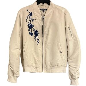 Velvet Heart Cream Bomber Jacket with Blue Floral Embroidery Size Small